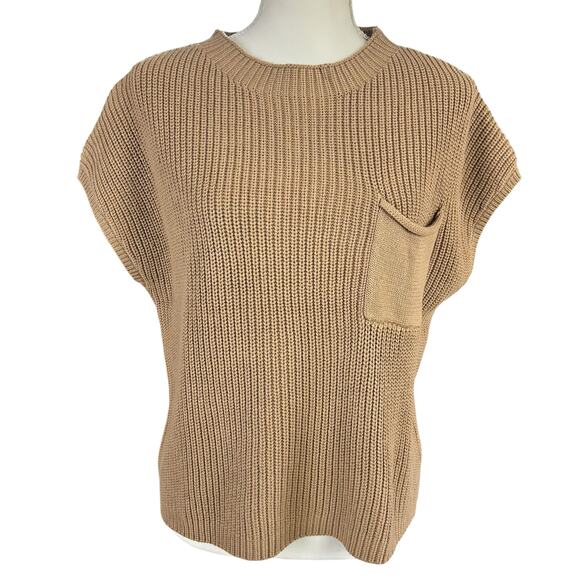 Lillusory Knit Top Women Size Large Beige Brown Drop Sleeve Boxy Cotton Sweater - Picture 1 of 12